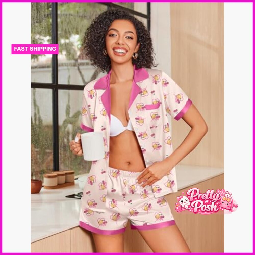 Silk Satin Pajamas Set Animals Print Short Sleeve Lounge Sleepwear - Picture 5 of 5